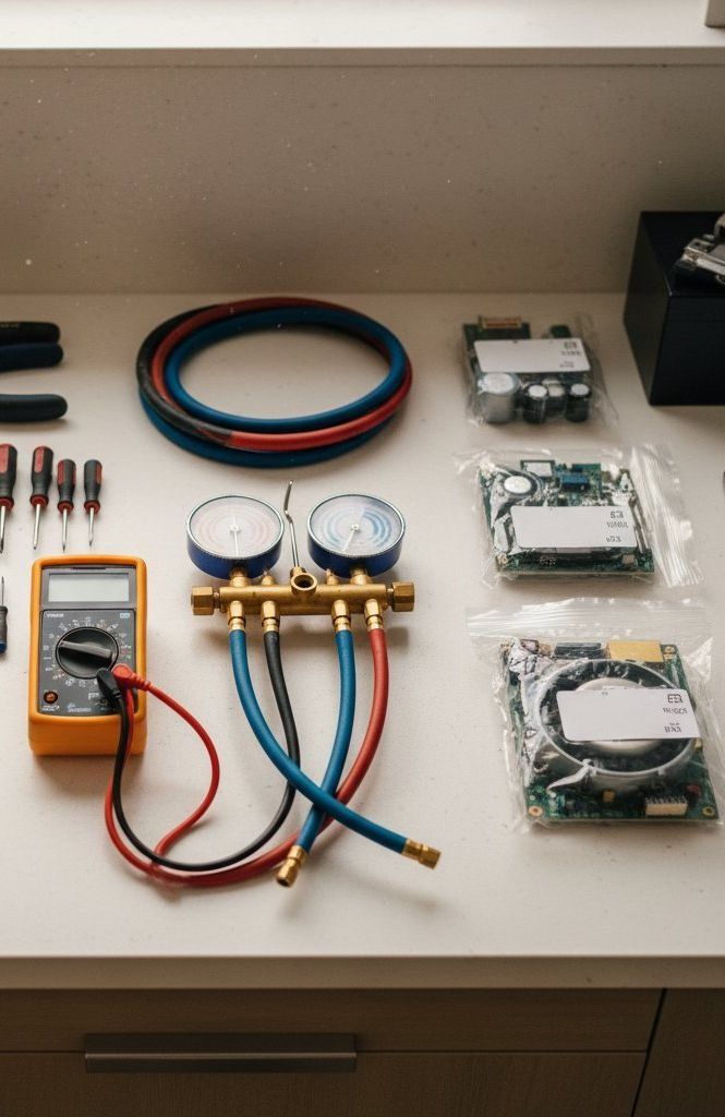 Genuine replacement parts and diagnostic gear ready for a Miele freezer repair