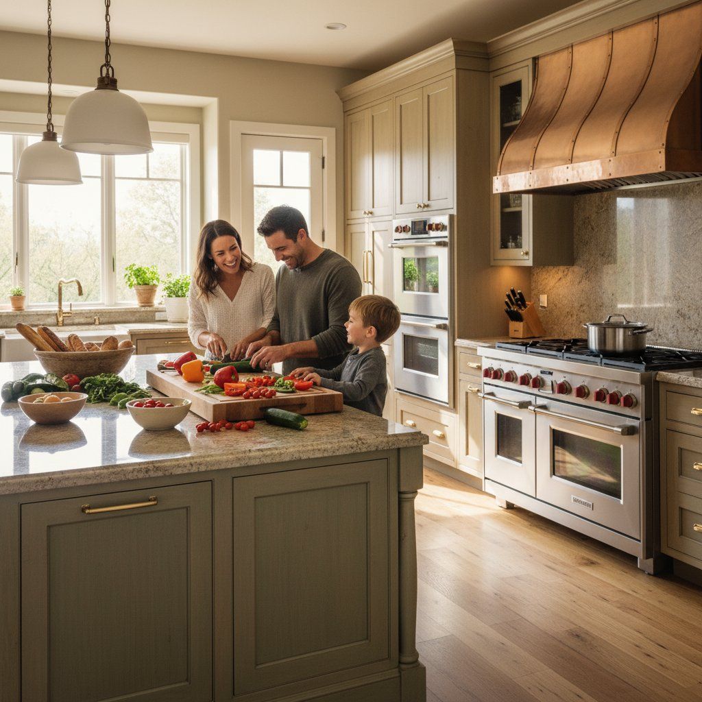 A Highlands Ranch family cooking together in a high-end kitchen served by Sub-Zero Highlands Ranch