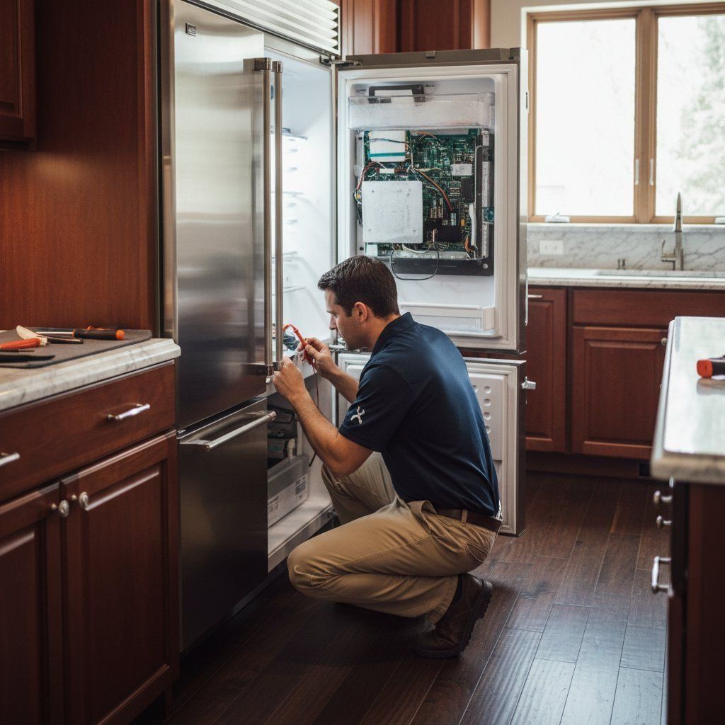 Sub-Zero and Wolf repair technician servicing a luxury kitchen appliance