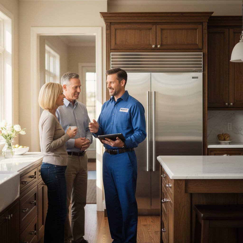 Technician consulting with homeowner about appliance repair