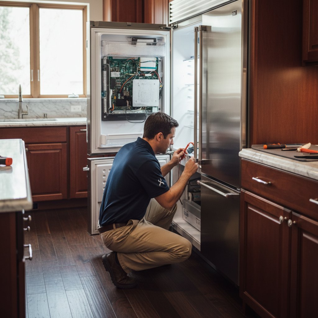 Friendly appliance repair technician servicing Sub-Zero refrigerator in Highlands Ranch kitchen